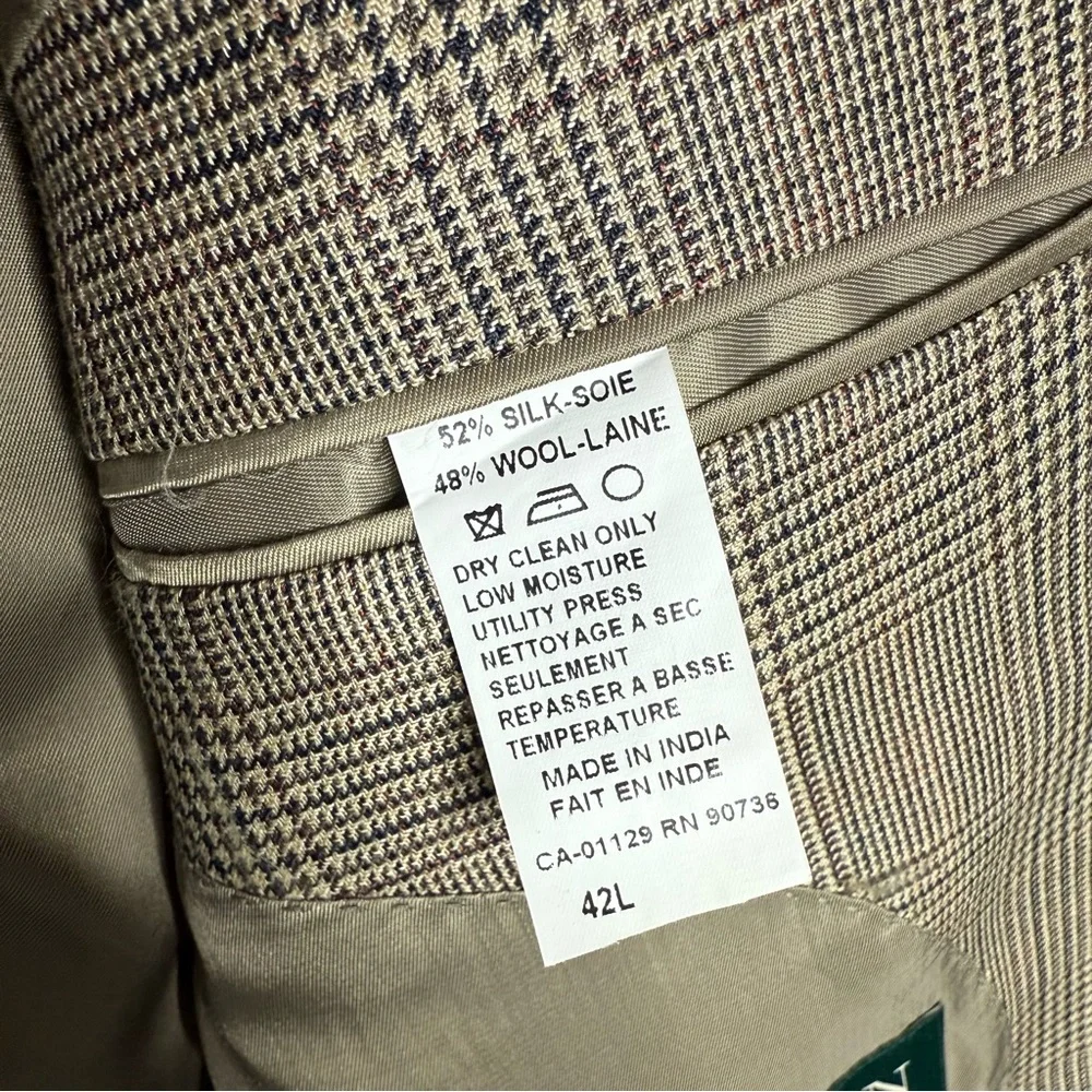 Lauren Ralph Lauren Men's 42 Long Silk Wool Glen Check Sport Coat Tan‎ Brown